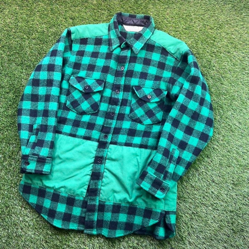 VTG LL Bean Old Friends Wool Flannel Shirt Green Black Buffalo Plaid Men's L USA